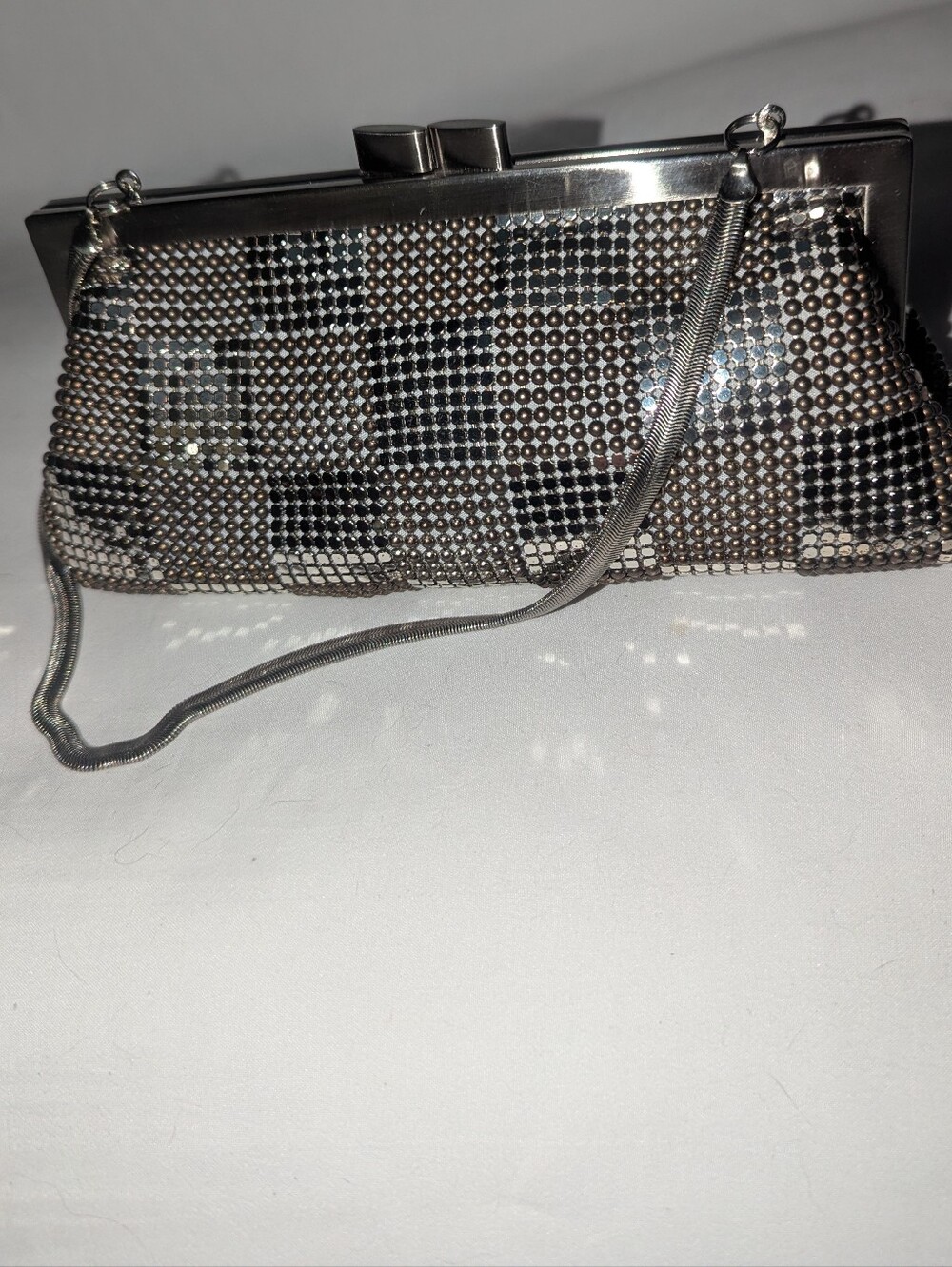 Whiting & Davis Silver and Bronze Metallic Mesh Frame Clutch Handbag